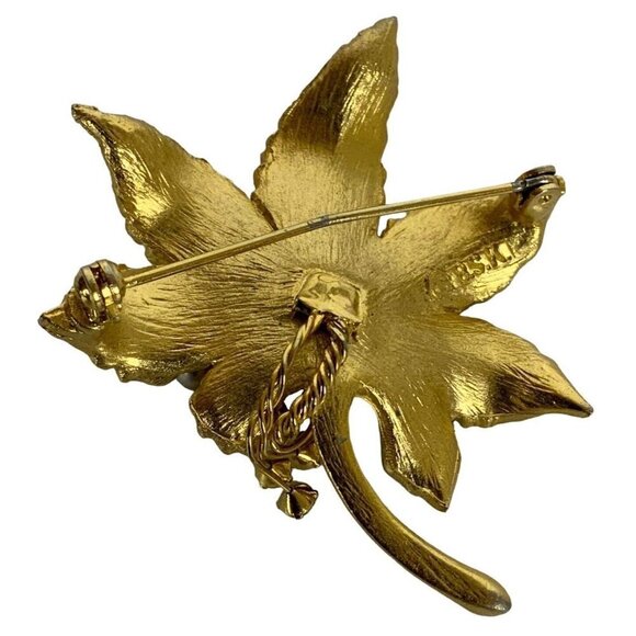 BSK Flower Leaf Brooch Brushed White Faux Gold Pearls Rhinestones Vtg 1950s 60s - Picture 2 of 3